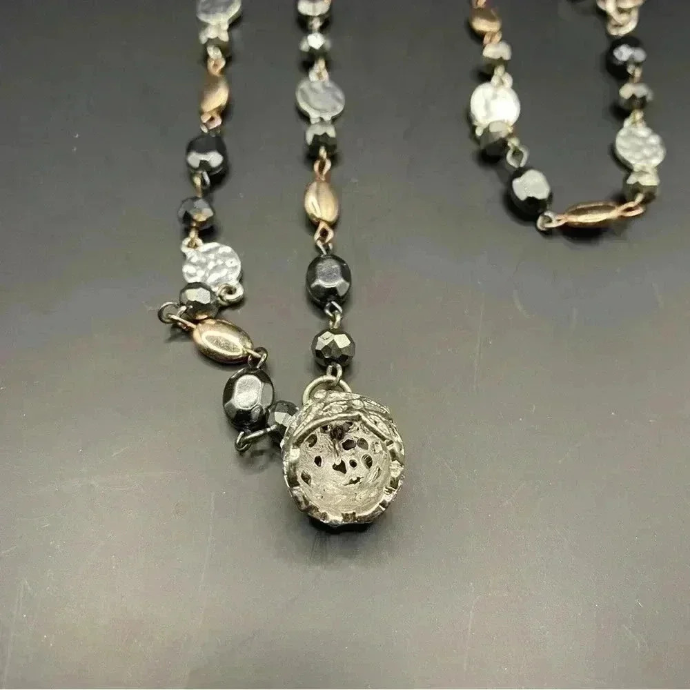 VGT Gold & Silver Black & Crystal Tones Beaded Necklace Silver-tone Bell Pendant - Picture 6 of 11